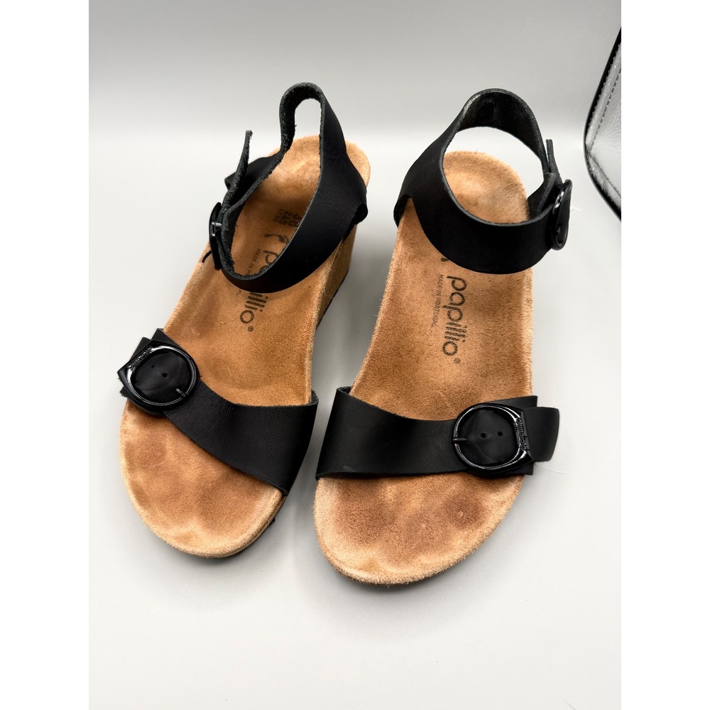 Papillio Black Leather Ankle-Strap Wedge Sandals